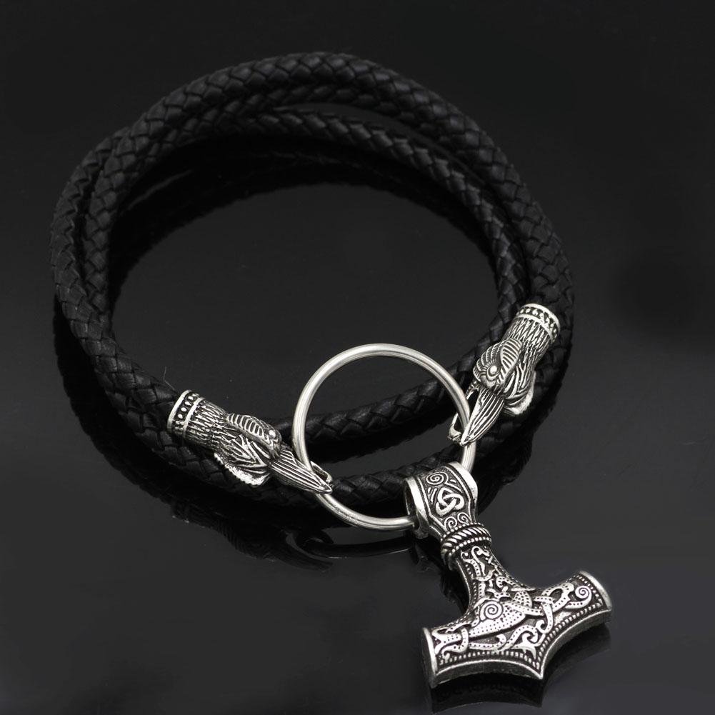 Raven Head Genuine Leather Necklace with Thor's Hammer Pendant - VikingsBrand