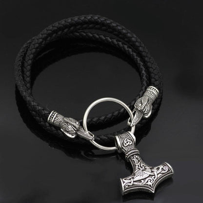 Raven Head Genuine Leather Necklace with Thor's Hammer Pendant - VikingsBrand