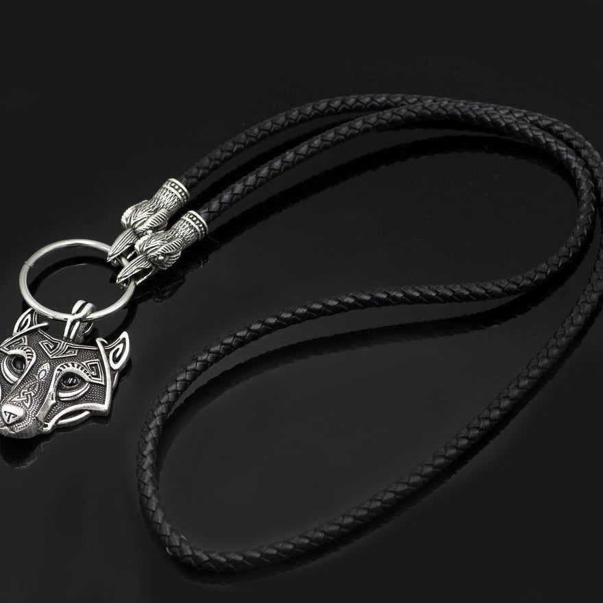 Raven Head Genuine Leather Necklace with Wolf Head Pendant - VikingsBrand