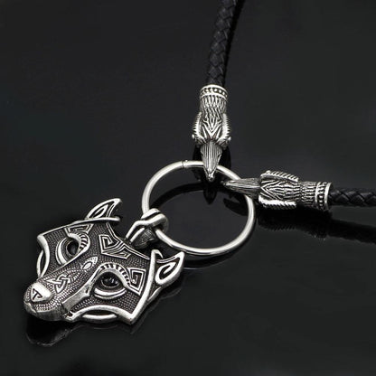 Raven Head Genuine Leather Necklace with Wolf Head Pendant - VikingsBrand