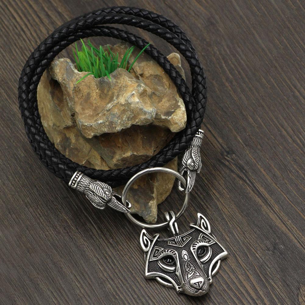 Raven Head Genuine Leather Necklace with Wolf Head Pendant - VikingsBrand