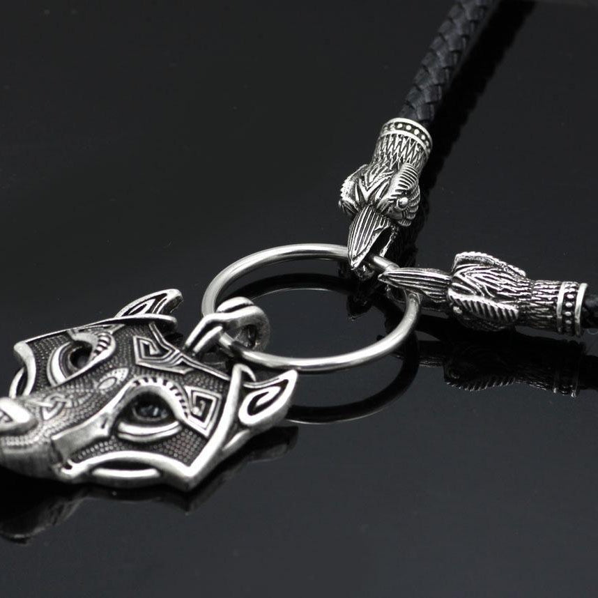 Raven Head Genuine Leather Necklace with Wolf Head Pendant - VikingsBrand