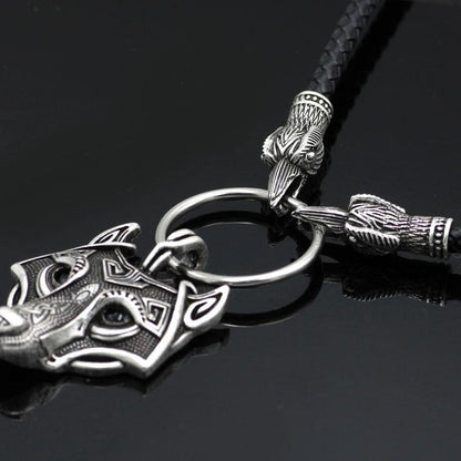 Raven Head Genuine Leather Necklace with Wolf Head Pendant - VikingsBrand