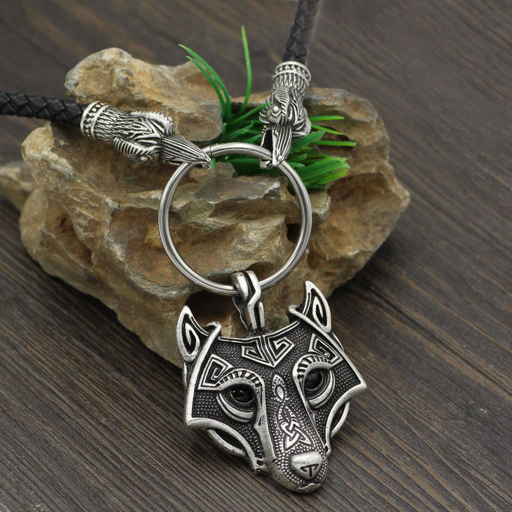 Raven Head Genuine Leather Necklace with Wolf Head Pendant - VikingsBrand