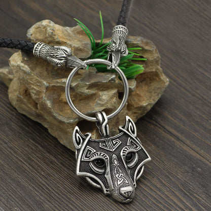 Raven Head Genuine Leather Necklace with Wolf Head Pendant - VikingsBrand