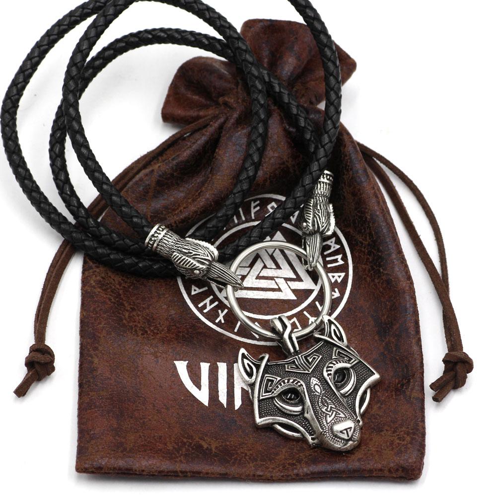 Raven Head Genuine Leather Necklace with Wolf Head Pendant - VikingsBrand