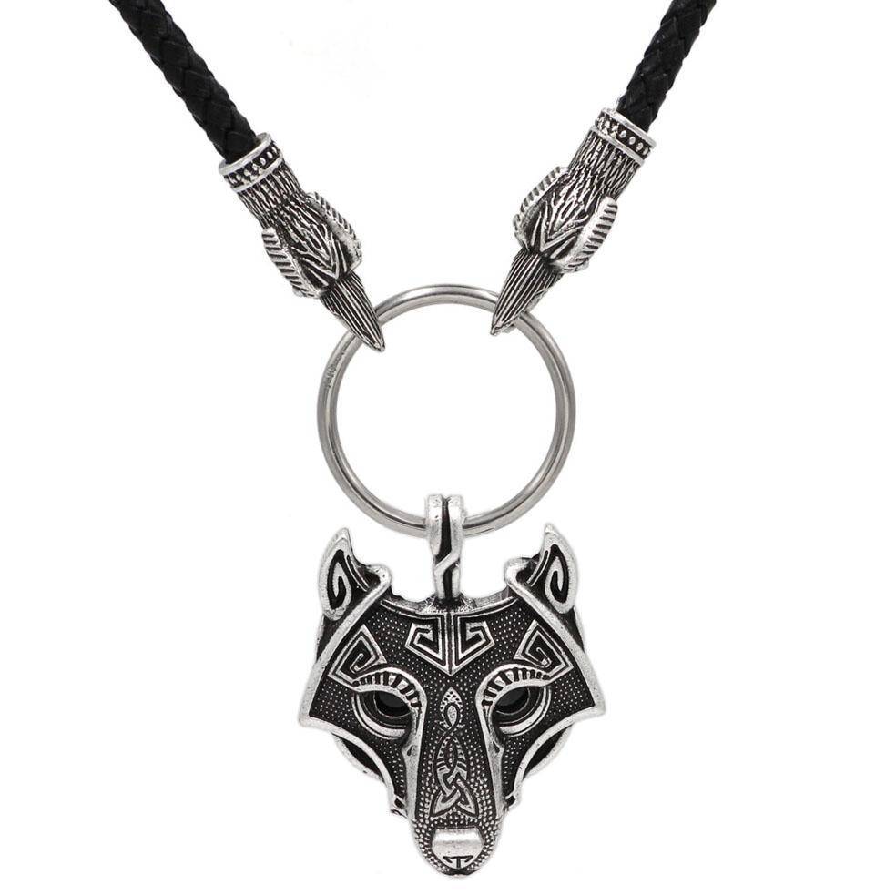 Raven Head Genuine Leather Necklace with Wolf Head Pendant - VikingsBrand