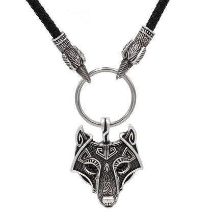 Raven Head Genuine Leather Necklace with Wolf Head Pendant - VikingsBrand
