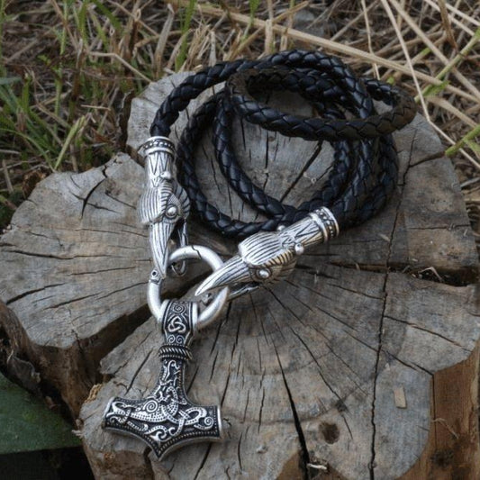 Raven Head Necklace with Mjolnir - VikingsBrand