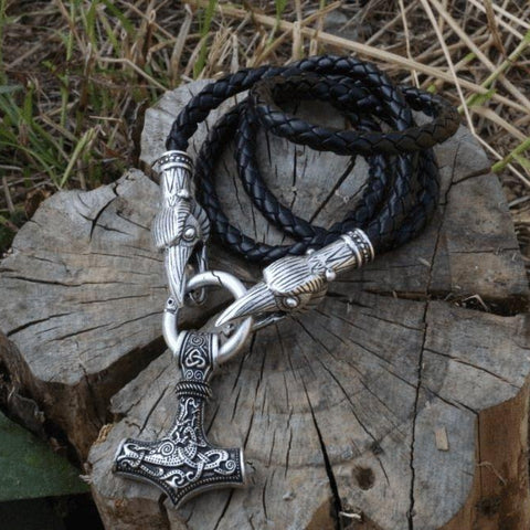Raven Head Necklace with Mjolnir on Leather Cord