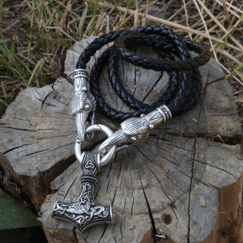 raven head necklace with Mjolnir on leather cord