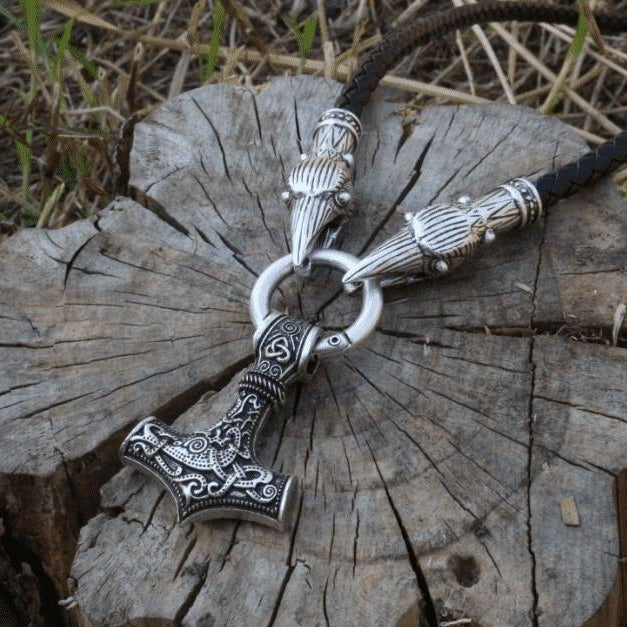 Raven Head Necklace with Mjolnir - VikingsBrand
