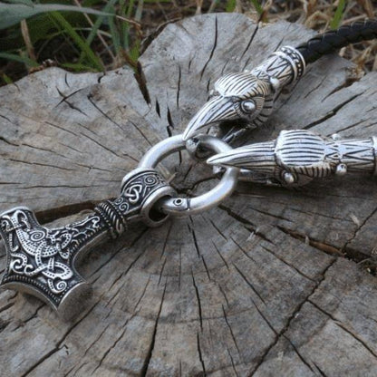 Raven Head Necklace with Mjolnir - VikingsBrand