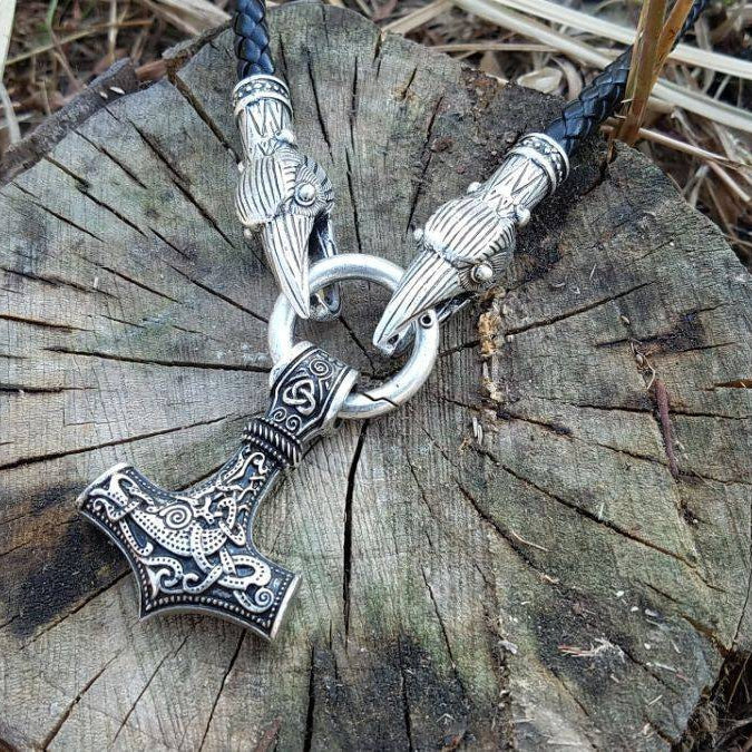 Raven Head Necklace with Mjolnir - VikingsBrand
