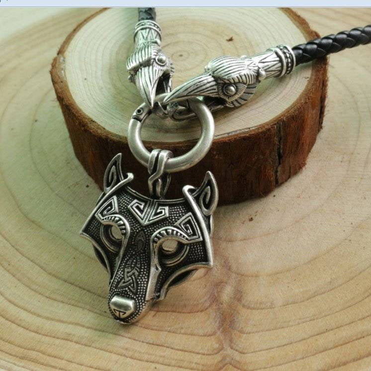 Raven Head Necklace with Wolf Head Pendant - VikingsBrand