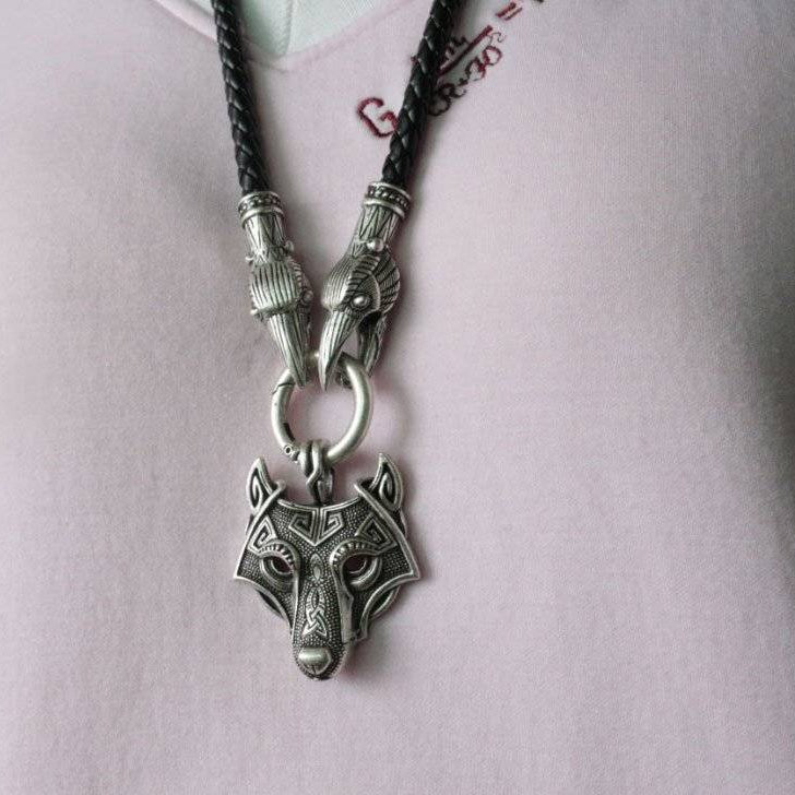Raven Head Necklace with Wolf Head Pendant - VikingsBrand