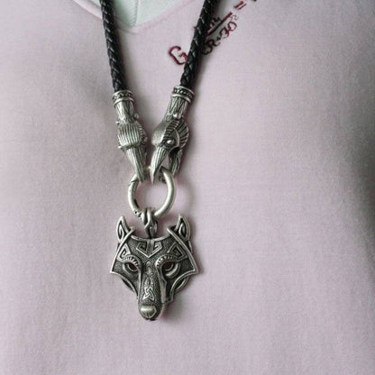 Raven Head Necklace with Wolf Head Pendant - VikingsBrand