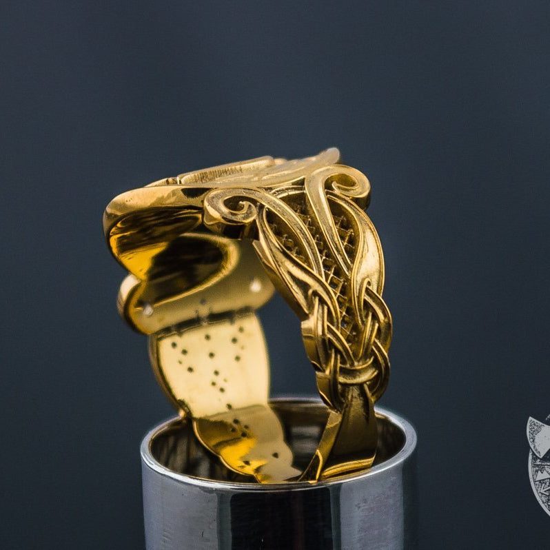 Ornamental raven 14K gold Viking ring – view 4