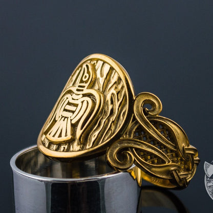 Ornamental raven 14K gold Viking ring – view 2