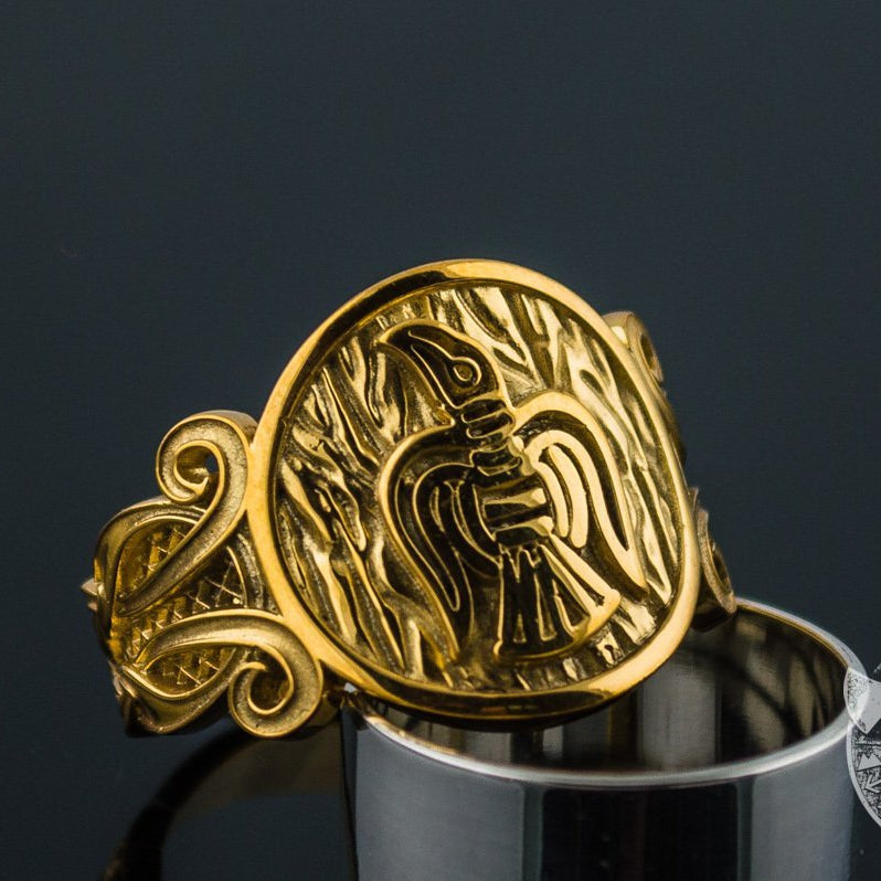 Ornamental raven 14K gold Viking ring – view 3