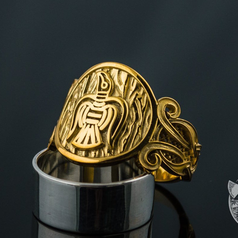 Ornamental raven 14K gold Viking ring