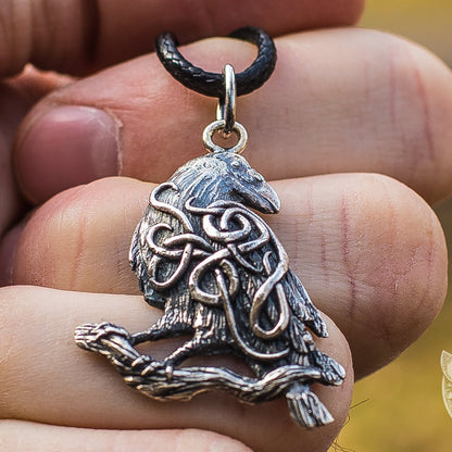 Raven with Ornament 925 Sterling Silver Pendant - VikingsBrand