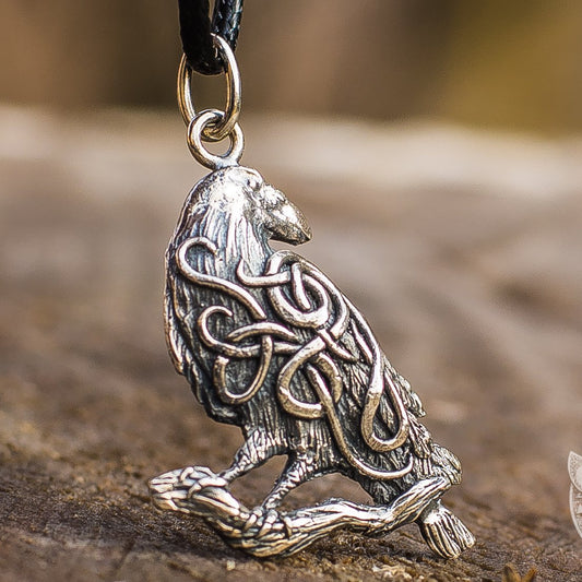 Raven with Ornament 925 Sterling Silver Pendant - VikingsBrand