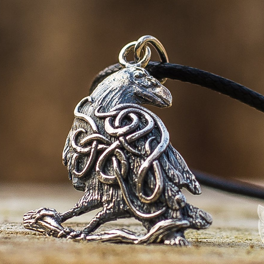 Raven with Ornament 925 Sterling Silver Pendant - VikingsBrand