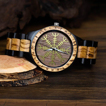 Roar Viking Wooden Watch with Carved Helm of Awe Viking Symbol & Custom Engravings