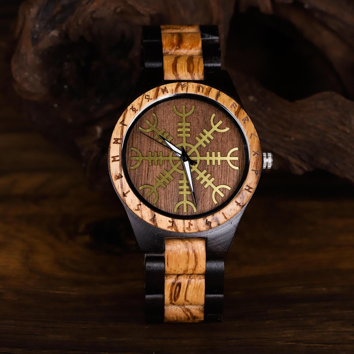 Roar Viking Wooden Watch with Carved Helm of Awe Viking Symbol & Custom Engravings