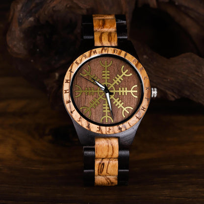 Roar Viking Wooden Watch with Carved Helm of Awe Viking Symbol & Custom Engravings