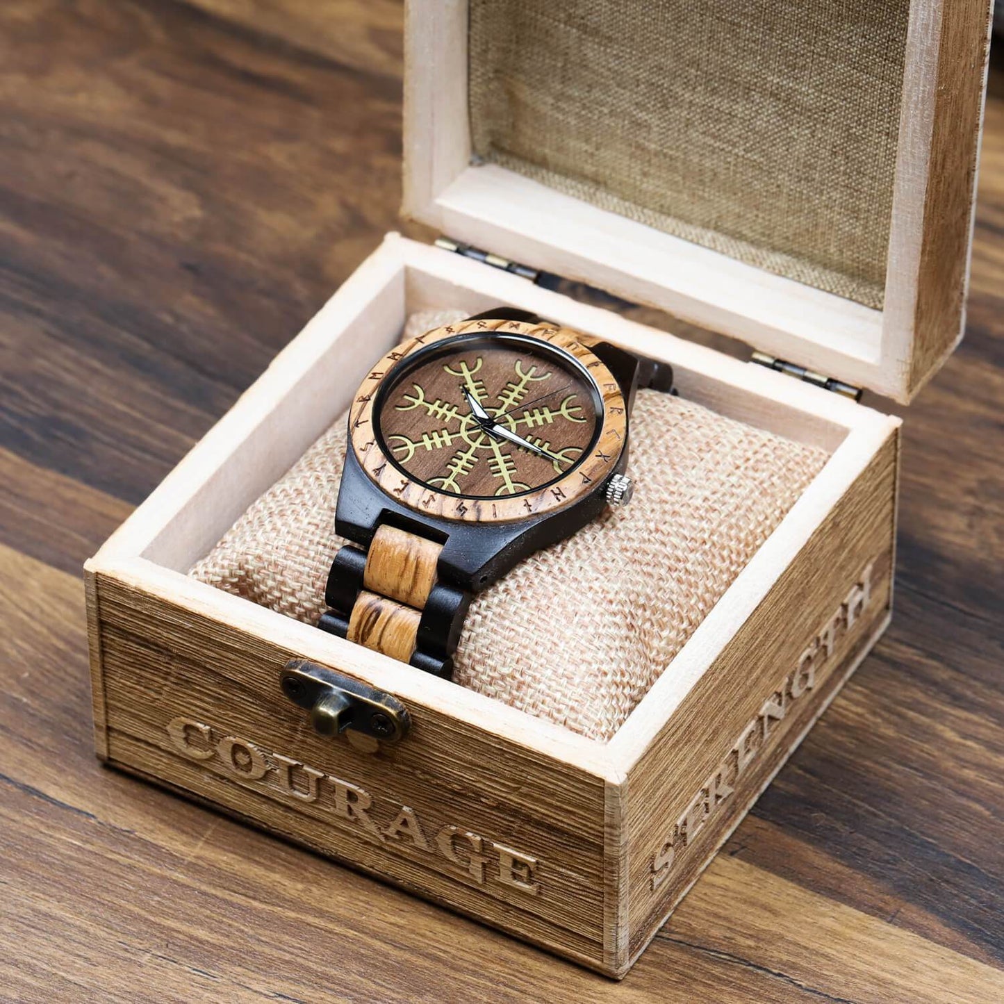 Roar Viking Wooden Watch with Carved Helm of Awe Viking Symbol & Custom Engravings