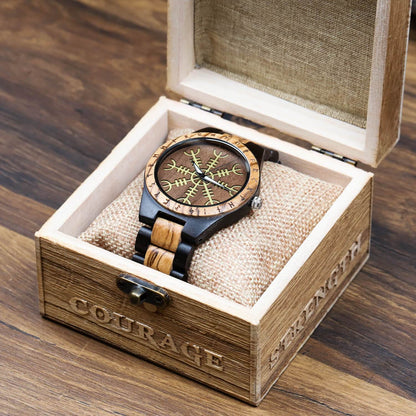 Roar Viking Wooden Watch with Carved Helm of Awe Viking Symbol & Custom Engravings