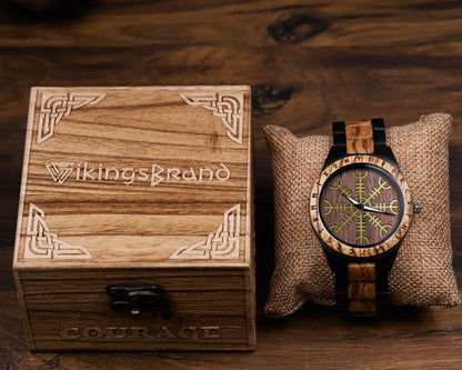 Roar Viking Wooden Watch with Carved Helm of Awe Viking Symbol & Custom Engravings
