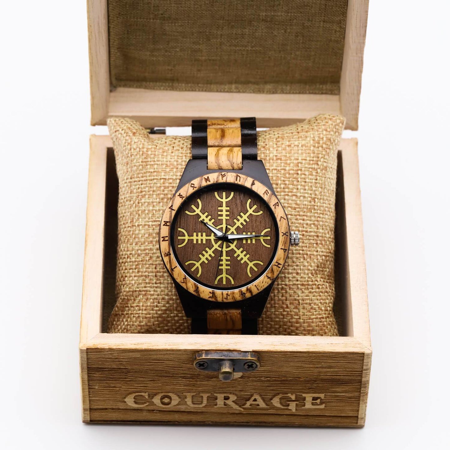 Roar Viking Wooden Watch with Carved Helm of Awe Viking Symbol & Custom Engravings