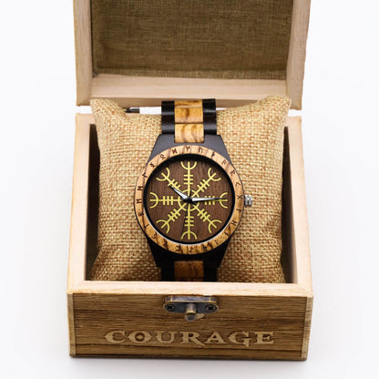 Roar Viking Wooden Watch with Carved Helm of Awe Viking Symbol & Custom Engravings