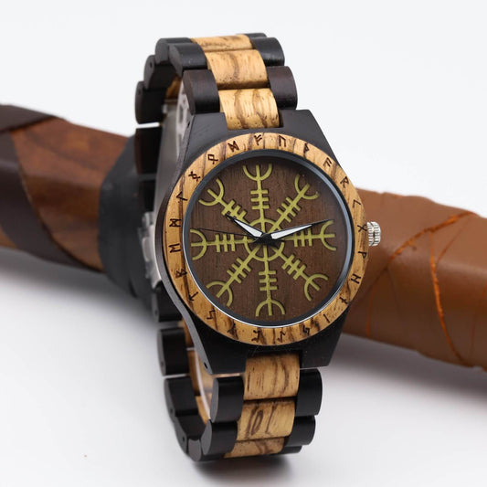 Roar Viking Wooden Watch with Carved Helm of Awe Viking Symbol & Custom Engravings
