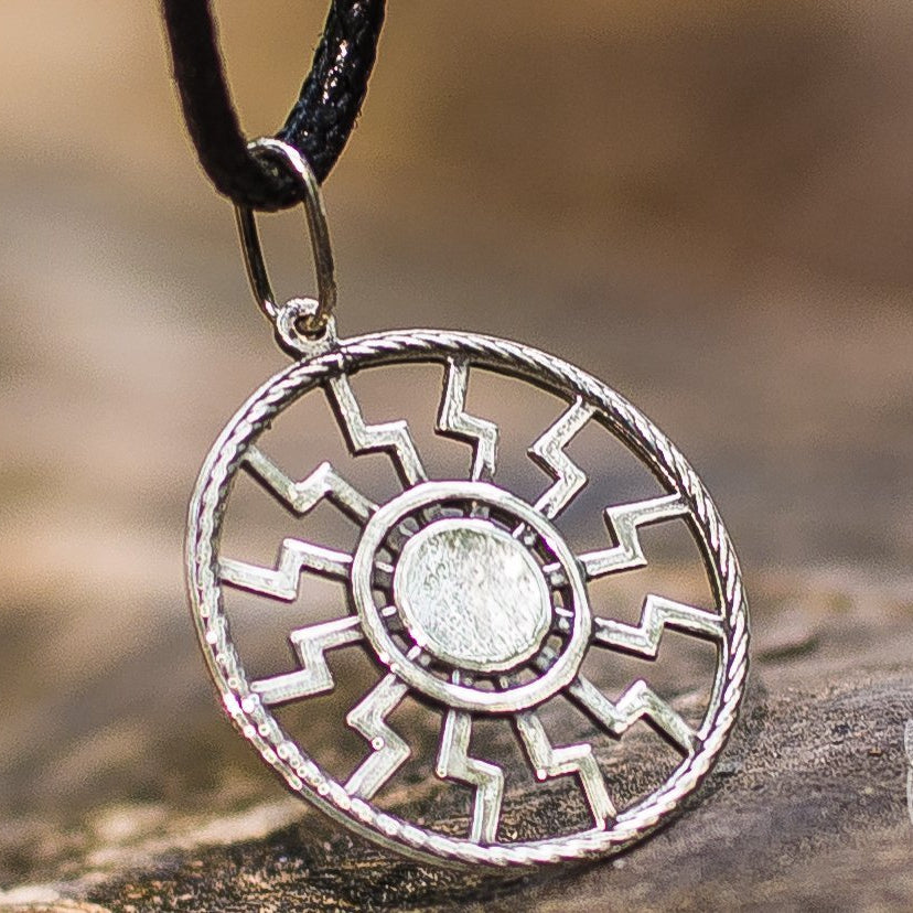 Round Black Sun Symbol 925 Sterling Silver Pendant - VikingsBrand
