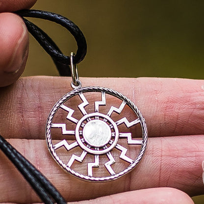 Round Black Sun Symbol 925 Sterling Silver Pendant - VikingsBrand