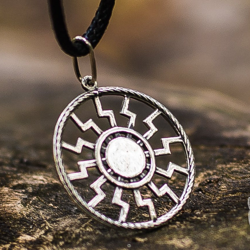 Round Black Sun Symbol 925 Sterling Silver Pendant - VikingsBrand