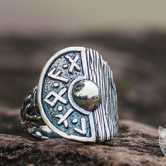 Runes and Wooden Texture Viking Shield 925 Sterling Silver Ring - VikingsBrand