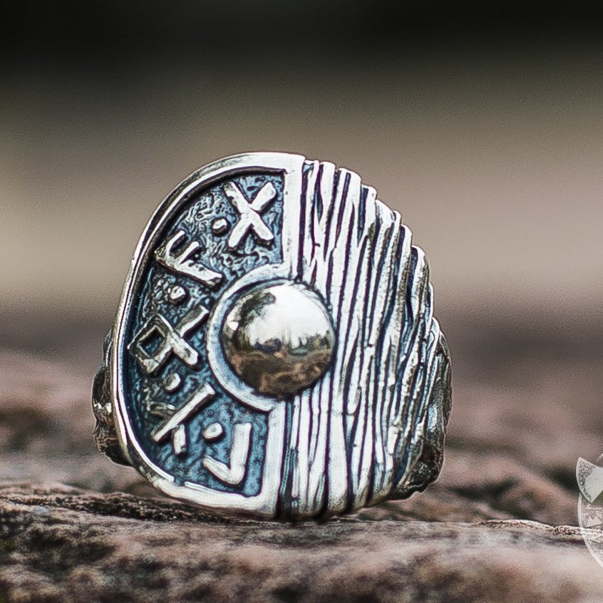 Runes and Wooden Texture Viking Shield 925 Sterling Silver Ring - VikingsBrand