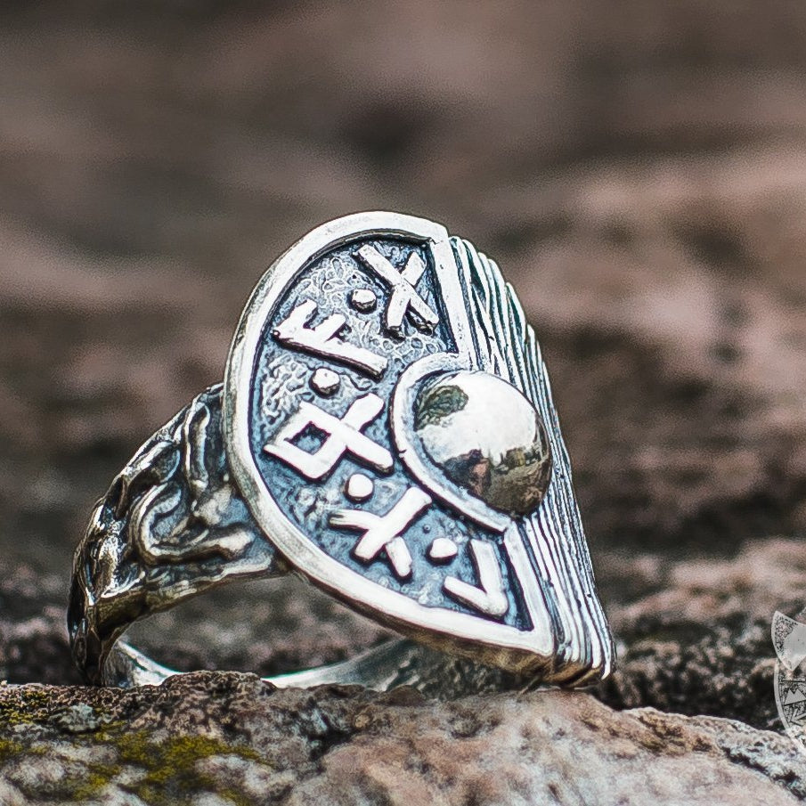 Runes and Wooden Texture Viking Shield 925 Sterling Silver Ring - VikingsBrand