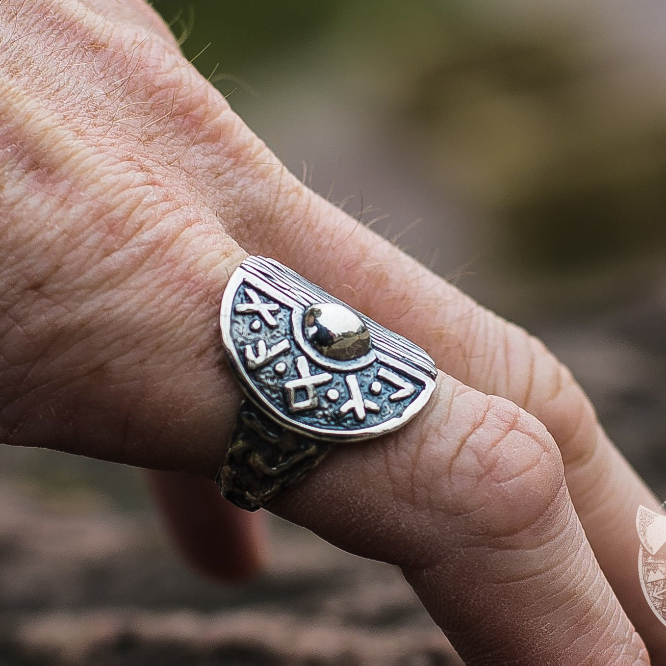 Runes and Wooden Texture Viking Shield 925 Sterling Silver Ring - VikingsBrand