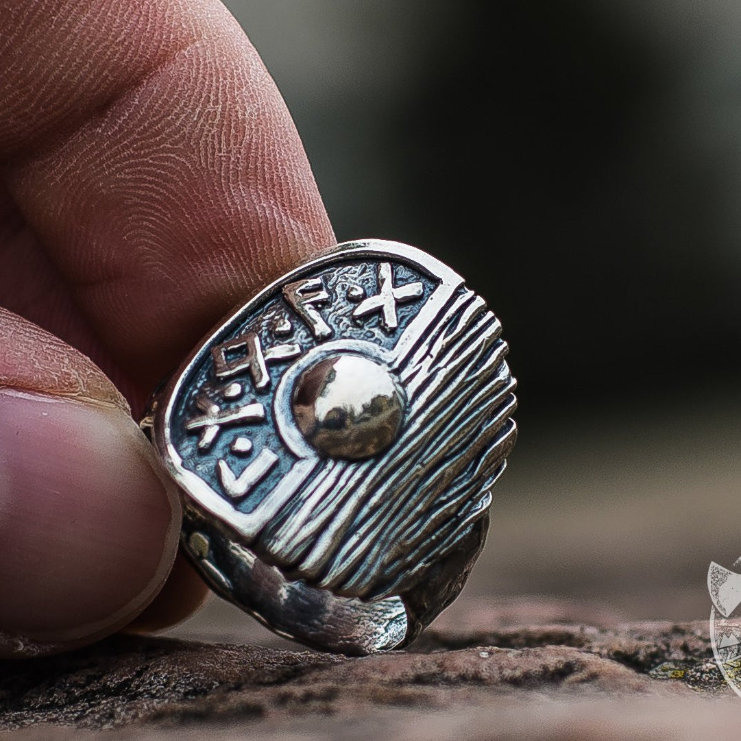 Runes and Wooden Texture Viking Shield 925 Sterling Silver Ring - VikingsBrand