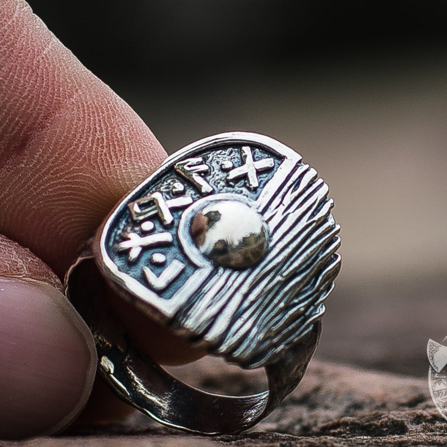 Runes and Wooden Texture Viking Shield 925 Sterling Silver Ring - VikingsBrand