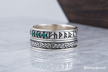 Runes Viking Symbol Ornament Ring with CZ Sterling Silver Viking Jewelry