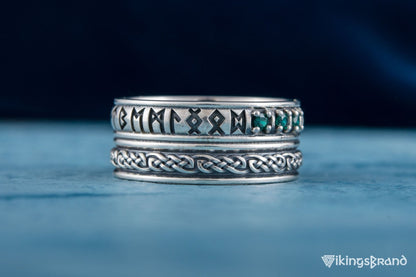 Runes Viking Symbol Ornament Ring with CZ Sterling Silver Viking Jewelry