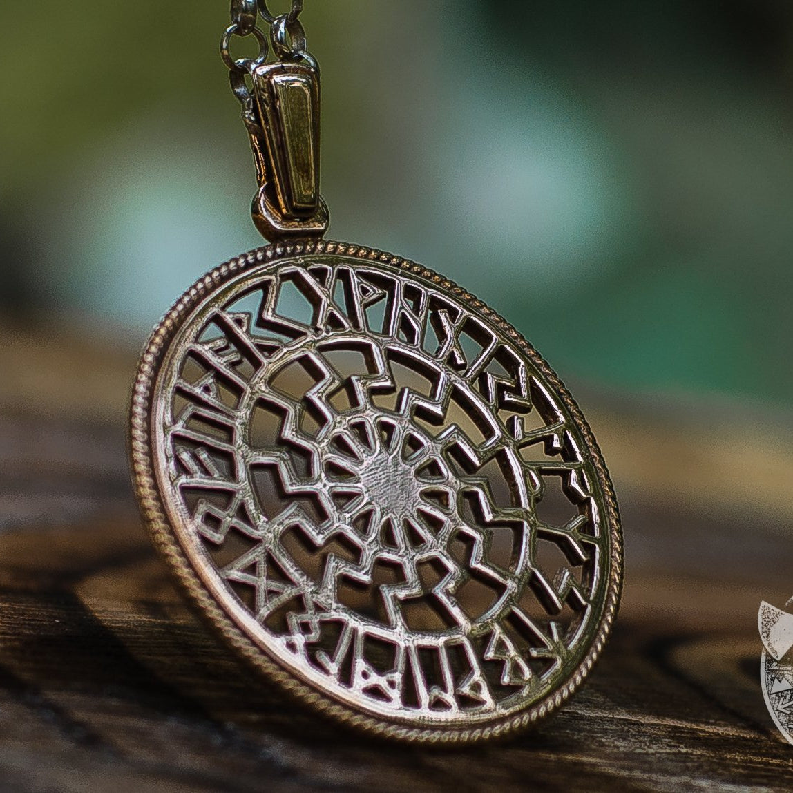 Runic Calendar with Black Sun Symbol Bronze Pendant - VikingsBrand
