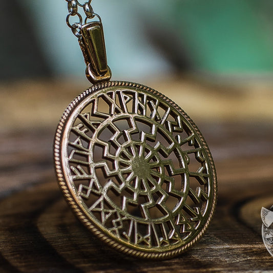 Runic Calendar with Black Sun Symbol Bronze Pendant - VikingsBrand